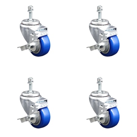 Service Caster 3.5 Inch SS Blue Polyurethane Swivel 3/8 Inch Threaded Stem Caster Set Brake SSTS20S3514-PPUB-BLUE-TLB-381615-4